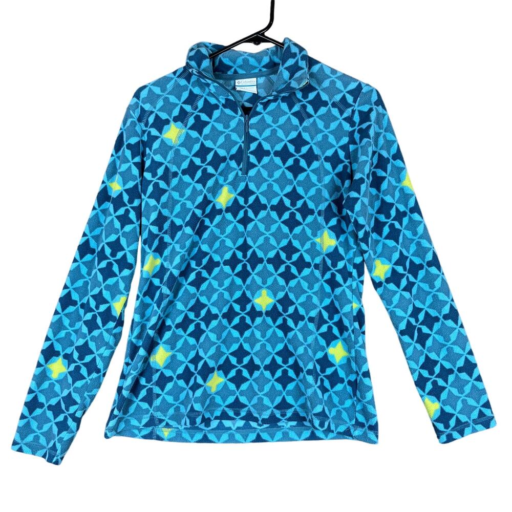 Columbia Womens Fleece Thin Pullover Blue Argyle Quarter Zip Long Sleeve Medium
